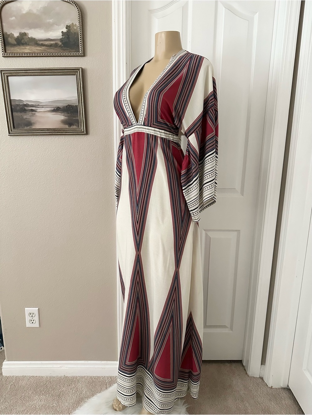 Lulu's Cream Maxi Dress with Burgundy and Navy Geometric Stripes